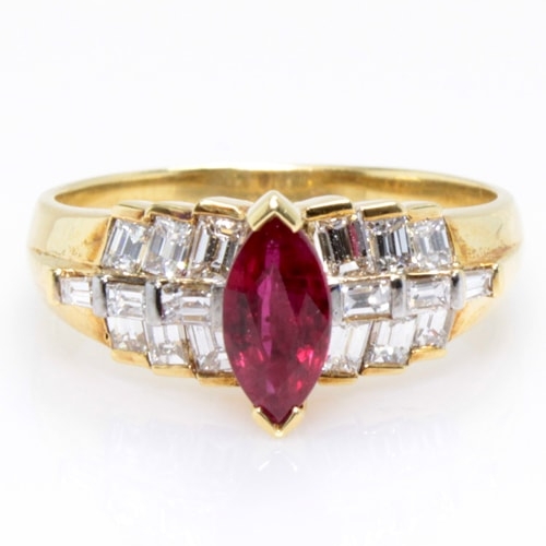 18K Yellow Gold Marquise Ruby & Baguette Diamond Ring, Item# CLOSE00752