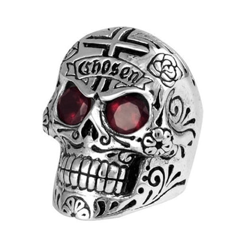 King Baby Silver Large Skull Ring with Chosen Cross Detail & Garnet Eyes K20-5304