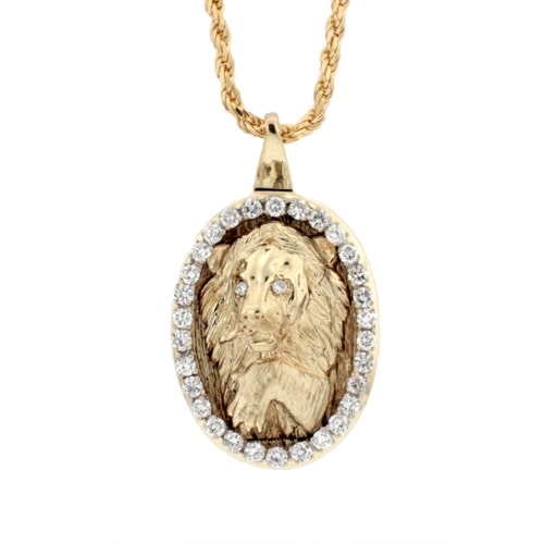 14K Gold Lion's Head Oval Diamond Pendant